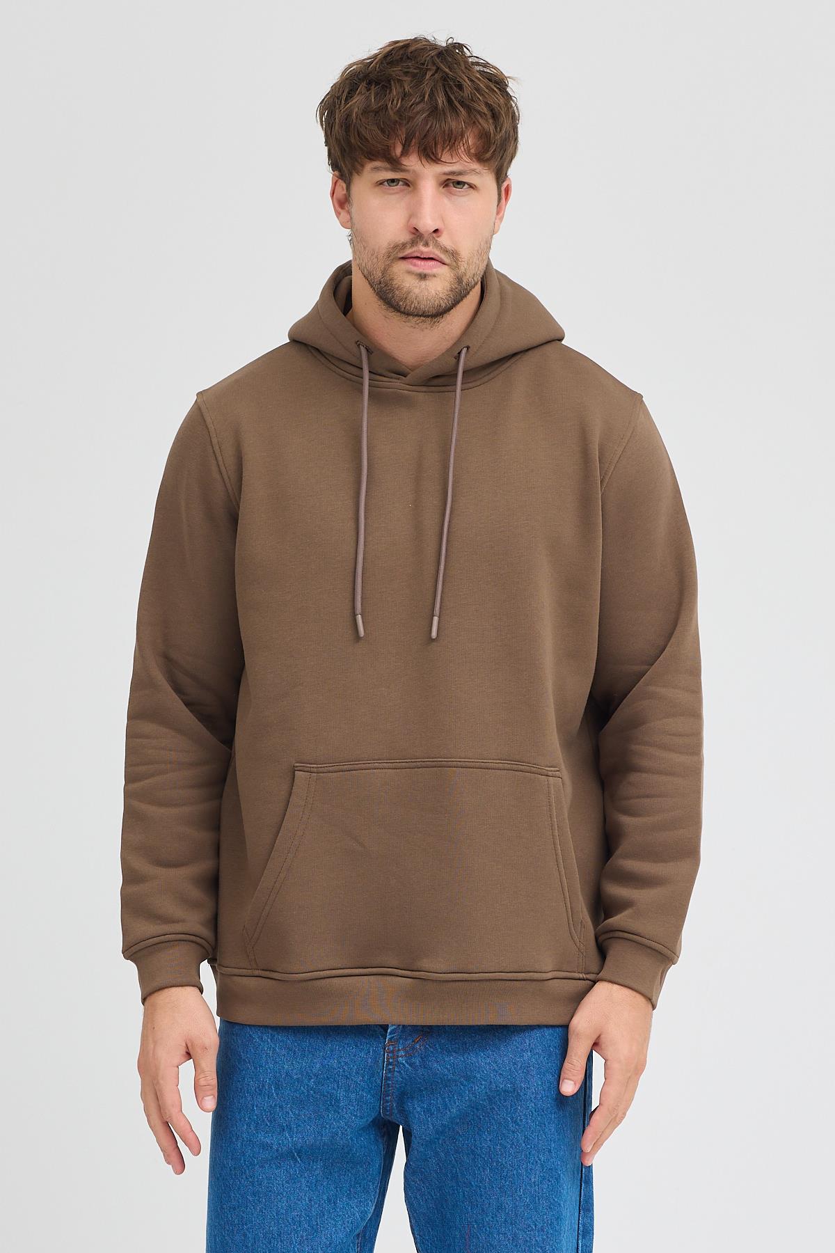 Erkek Kahverengi Standart Fit Normal Kesim Içi Polarlı 3 Iplik Kapüşonlu Pamuklu Sweatshirt