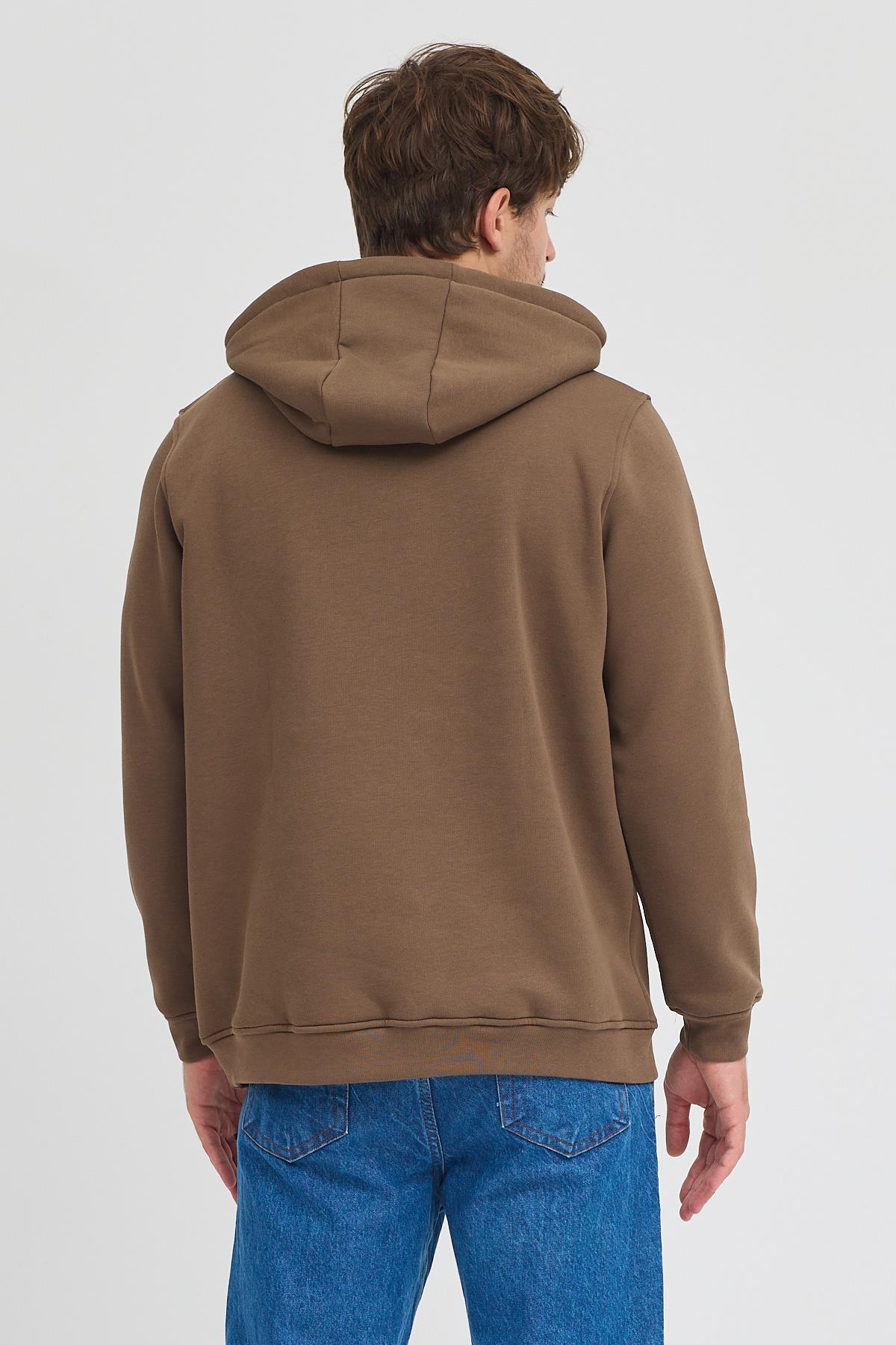 Erkek Kahverengi Standart Fit Normal Kesim Içi Polarlı 3 Iplik Kapüşonlu Pamuklu Sweatshirt