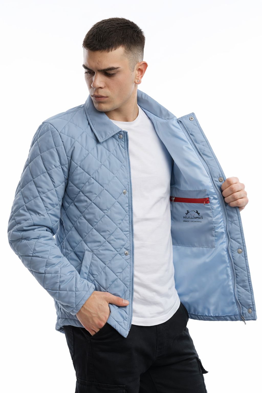 Erkek Kapitone Baklava Desenli Slim Fit Mavi Mont Ceket