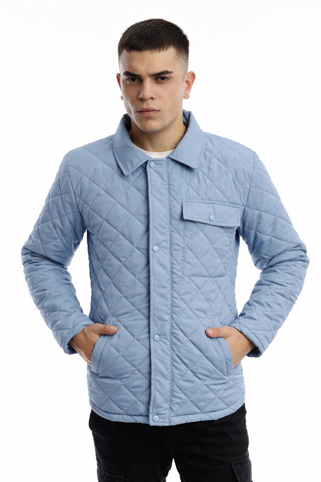 Erkek Kapitone Baklava Desenli Slim Fit Mavi Mont Ceket