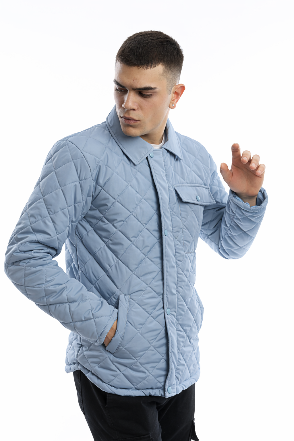 Erkek Kapitone Baklava Desenli Slim Fit Mavi Mont Ceket