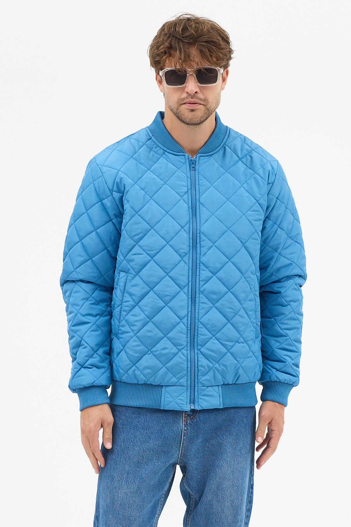 Erkek Kapitone Slim Fit Baklava Desenli Mont Ceket Mavi