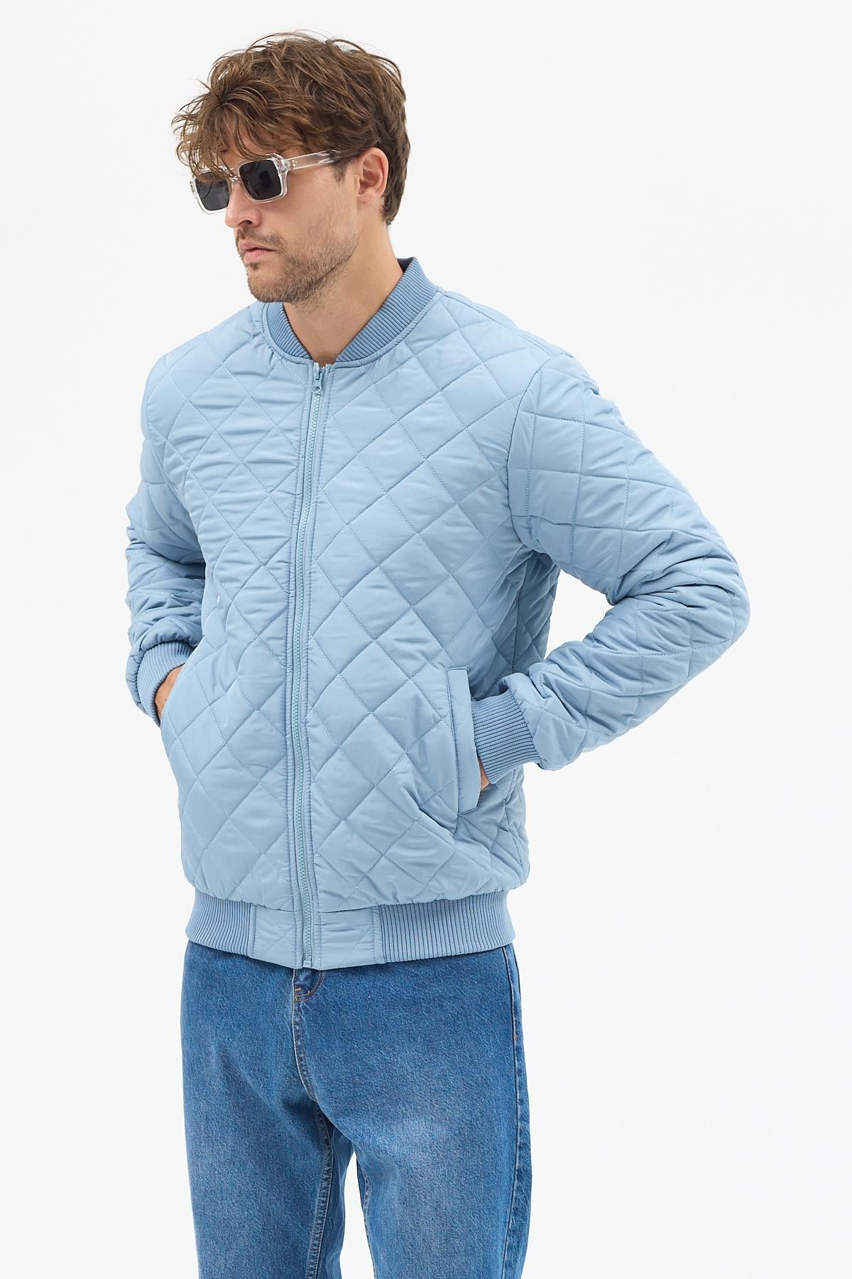 Erkek Kapitone Slim Fit Baklava Desenli Mont Ceket Buz Mavi