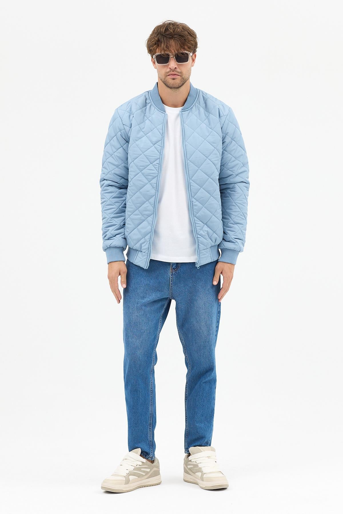 Erkek Kapitone Slim Fit Baklava Desenli Mont Ceket Buz Mavi