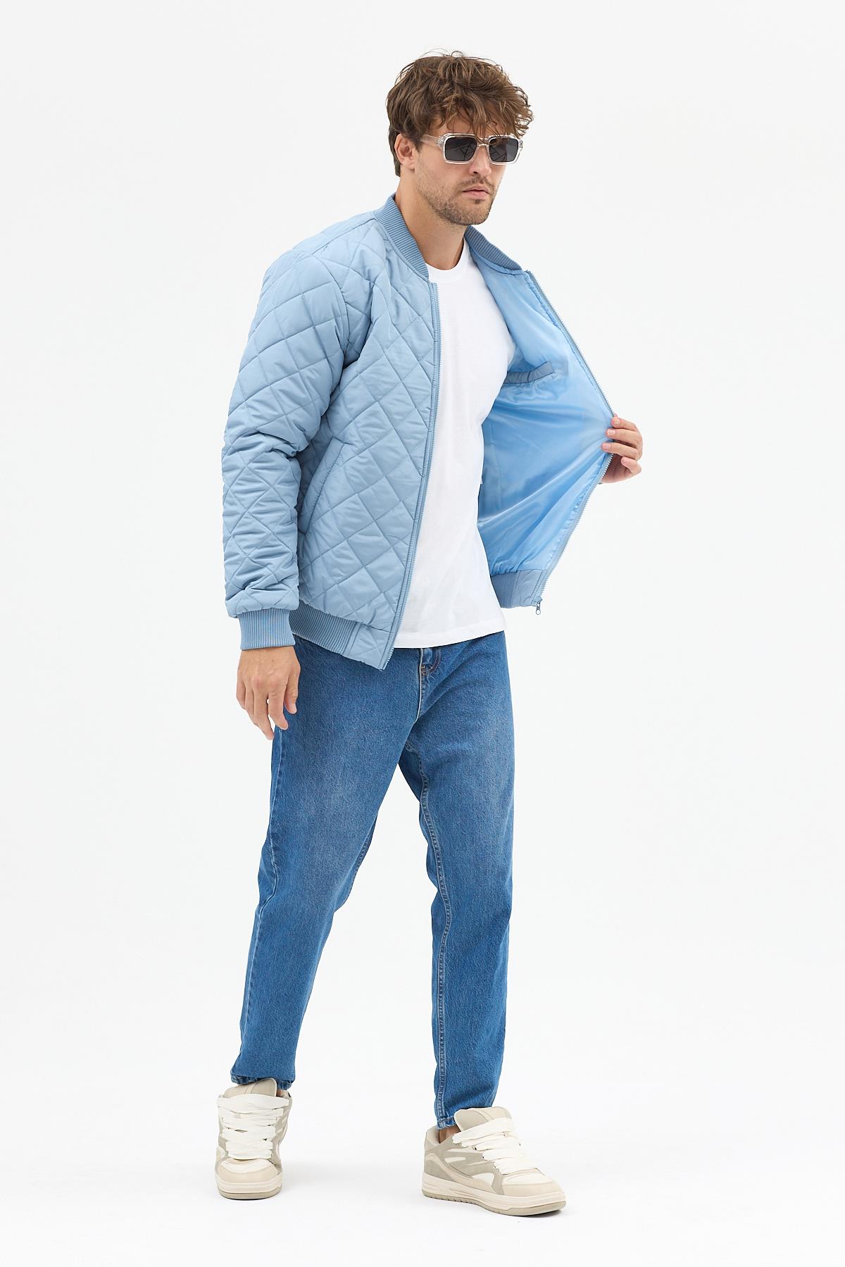 Erkek Kapitone Slim Fit Baklava Desenli Mont Ceket Buz Mavi