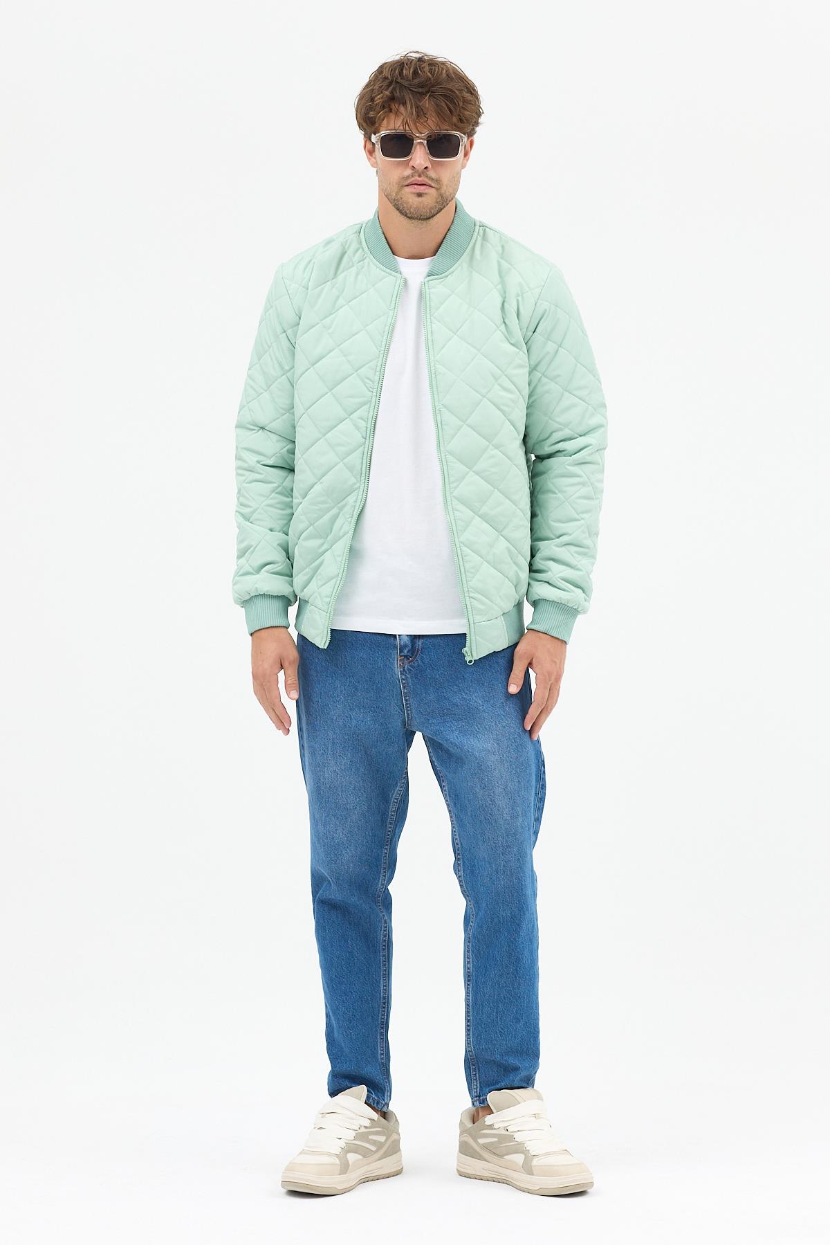 Erkek Kapitone Slim Fit Baklava Desenli Mont Ceket Su Yeşili