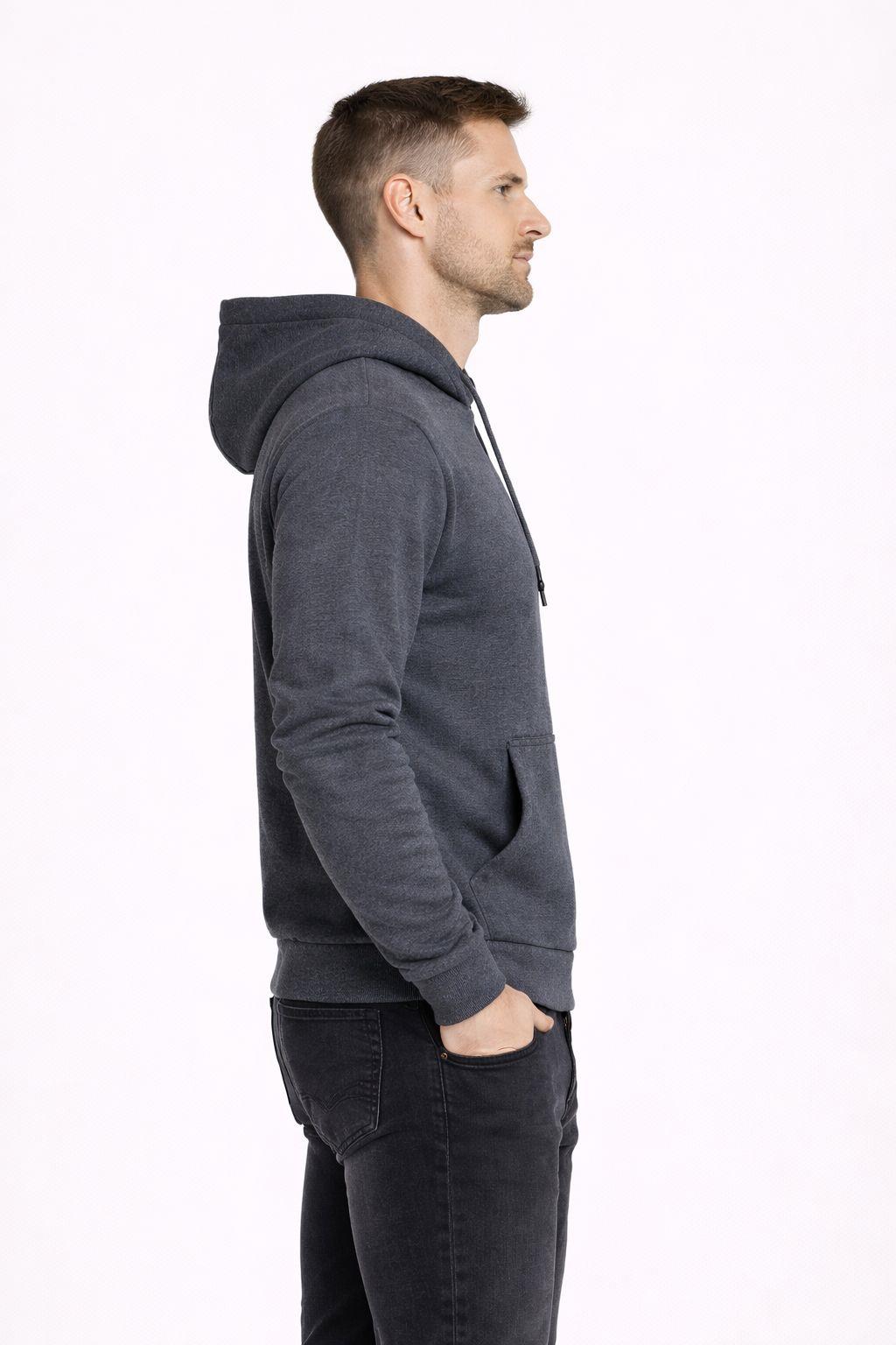 Erkek Kapüşonlu 3 İplik İçi Şardonlu Nakışlı Sweatshirt Antrasit