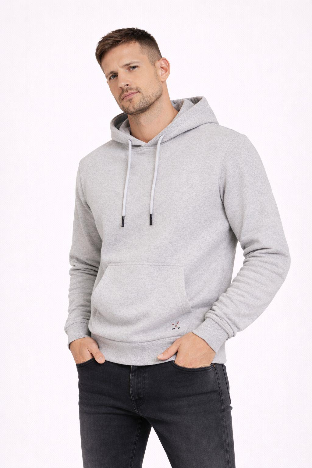 Erkek Kapüşonlu 3 İplik İçi Şardonlu Nakışlı Sweatshirt Gri