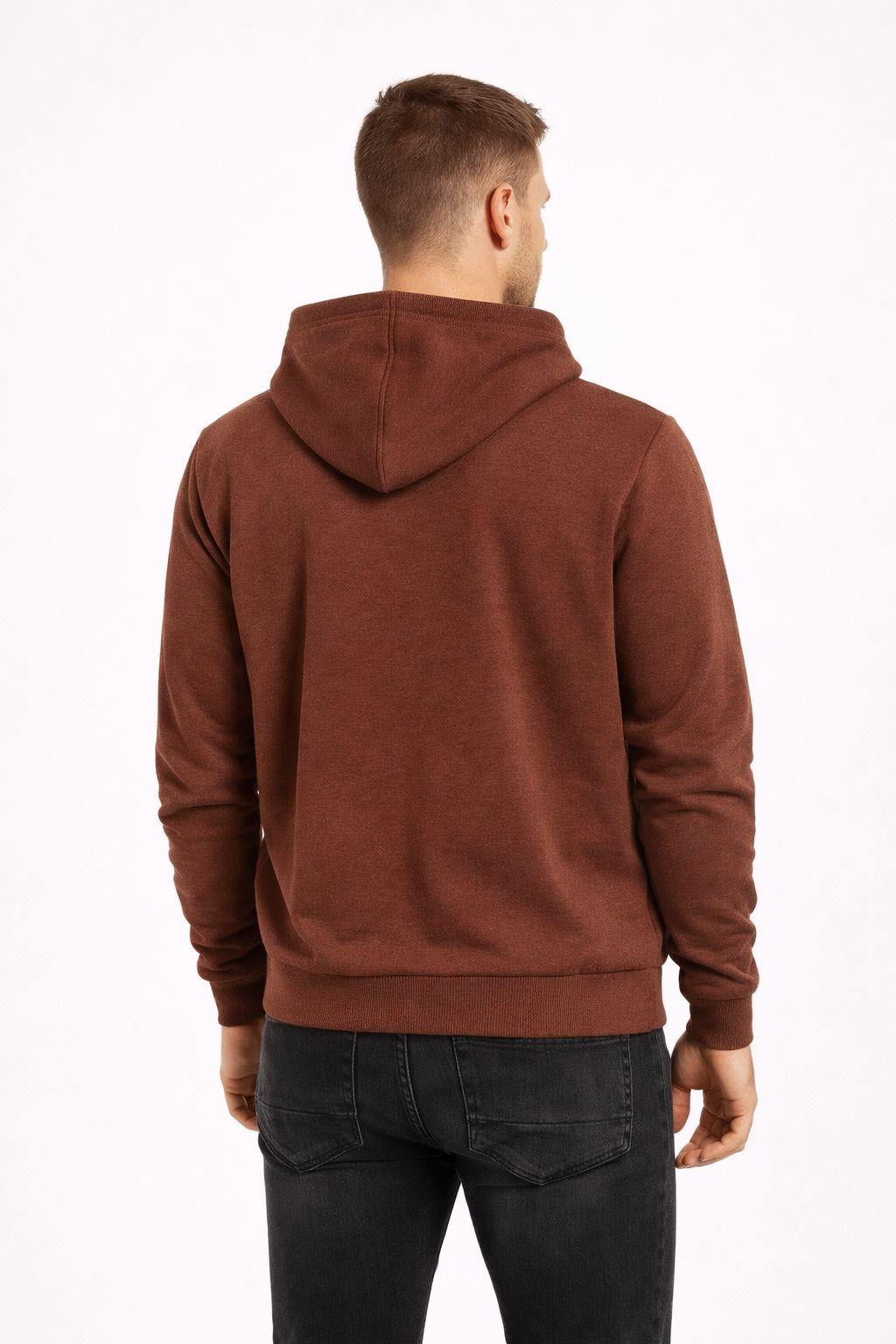 Erkek Kapüşonlu 3 İplik İçi Şardonlu Nakışlı Sweatshirt Kahverengi