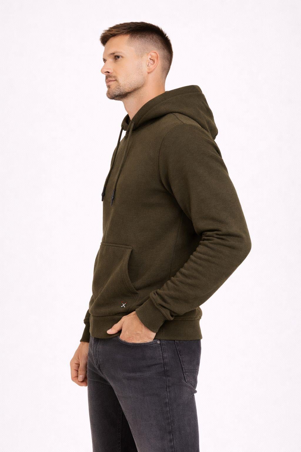 Erkek Kapüşonlu 3 İplik İçi Şardonlu Nakışlı Sweatshirt Haki
