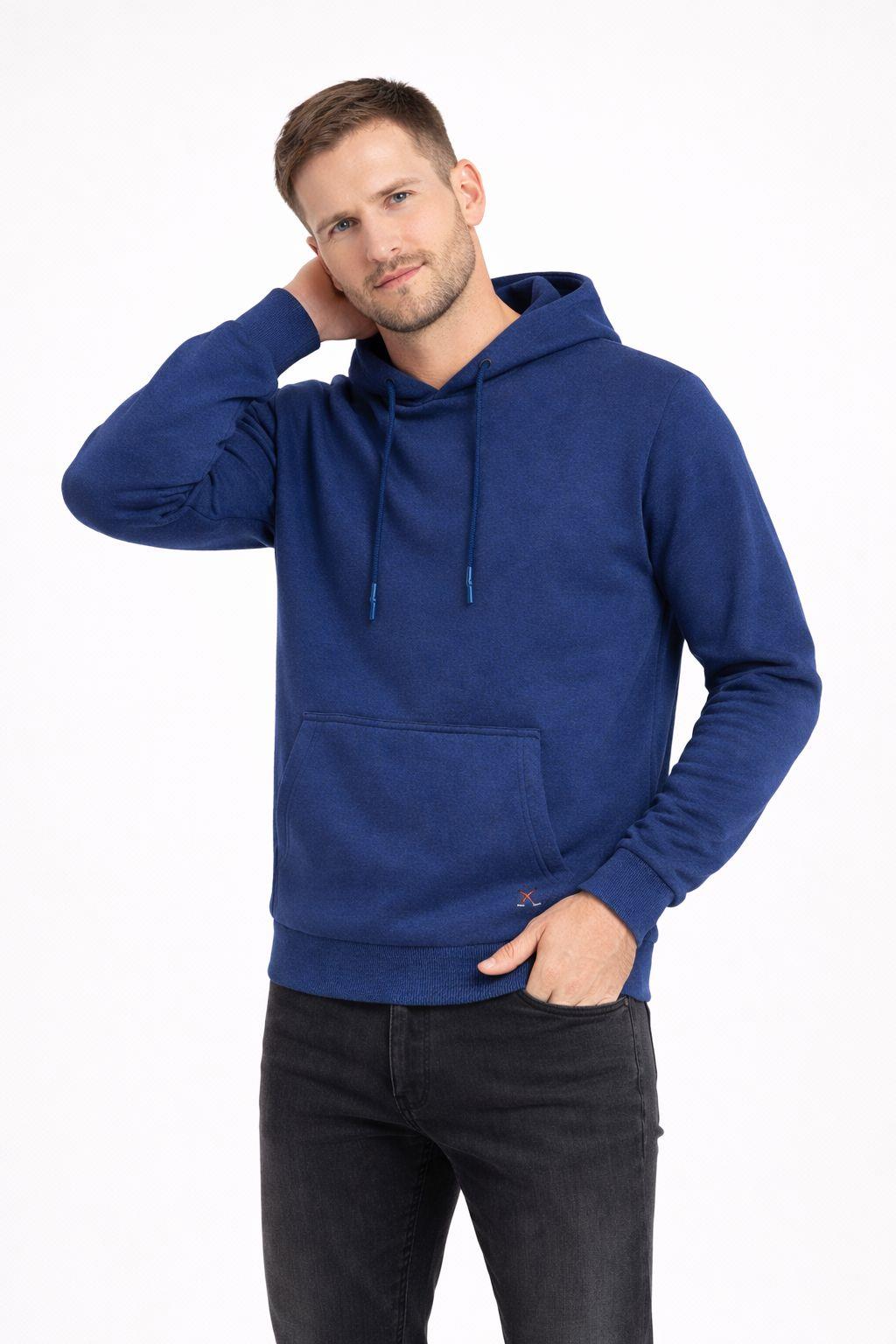 Erkek Kapüşonlu 3 İplik İçi Şardonlu Nakışlı Sweatshirt İndigo