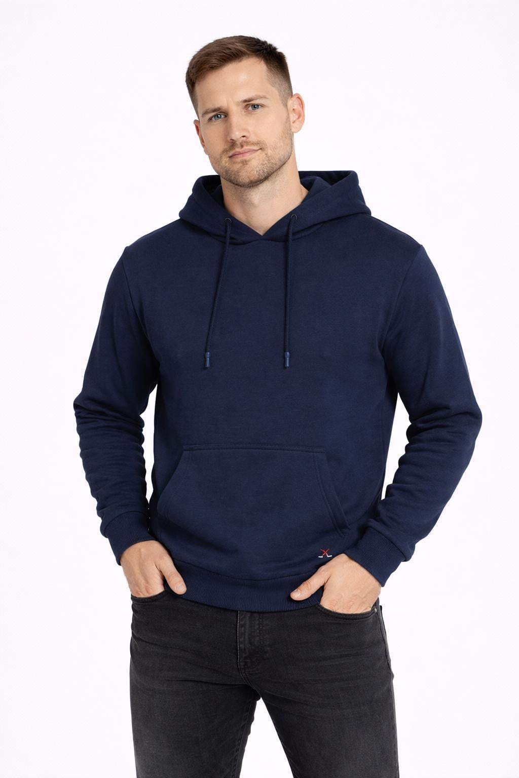 Erkek Kapüşonlu 3 İplik İçi Şardonlu Nakışlı Sweatshirt Lacivert