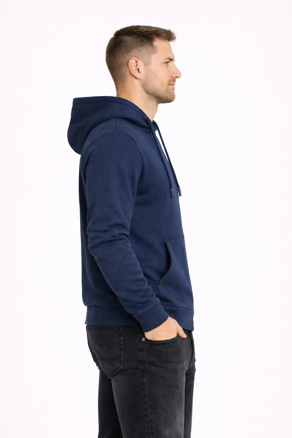 Erkek Kapüşonlu 3 İplik İçi Şardonlu Nakışlı Sweatshirt Lacivert
