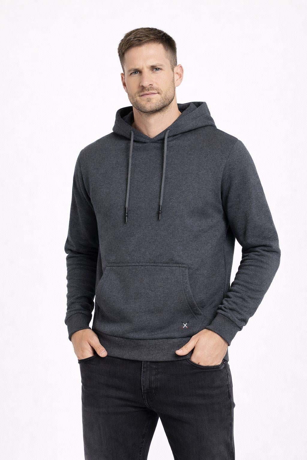 Erkek Kapüşonlu 3 İplik İçi Şardonlu Nakışlı Sweatshirt Antrasit