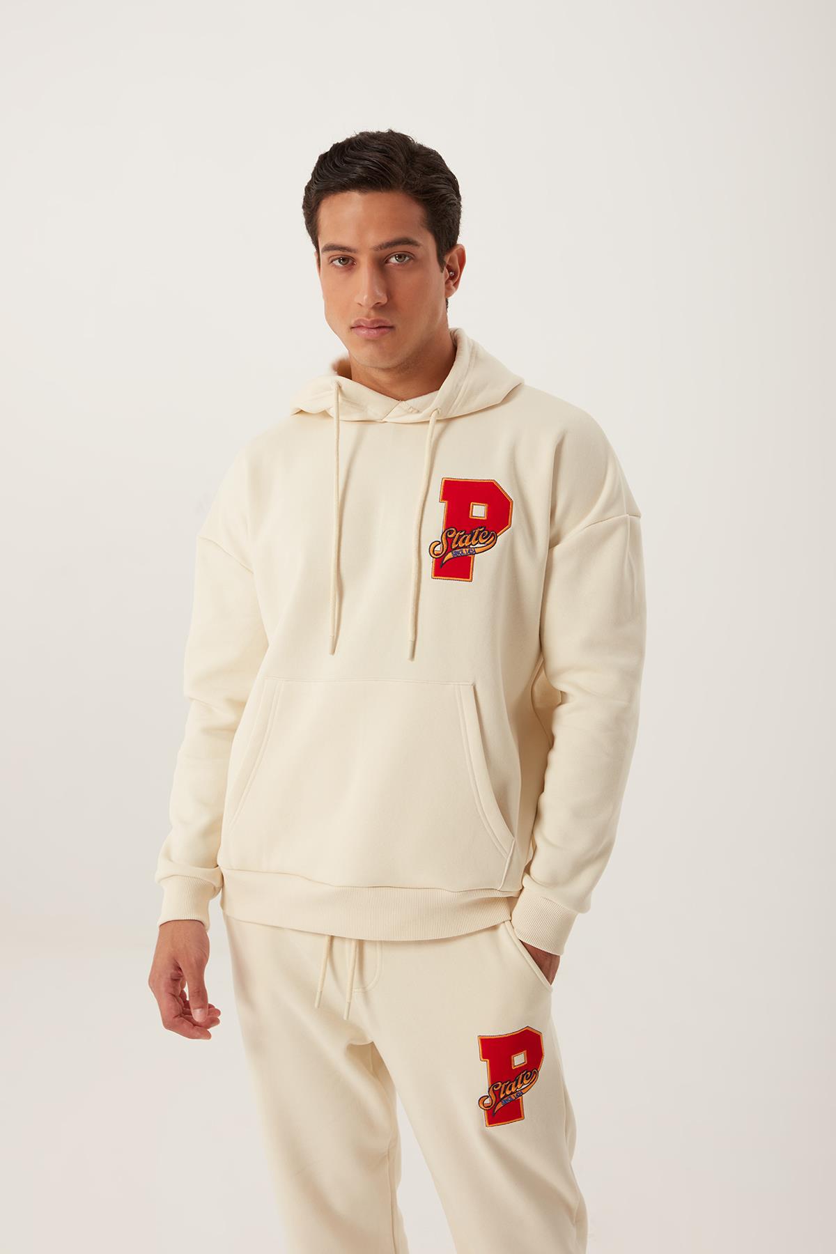Erkek 3 İplik Pamuklu İçi Polarlı Oversize Nakışlı Kapüşonlu Kanguru Cepli Ekru Sweatshirt