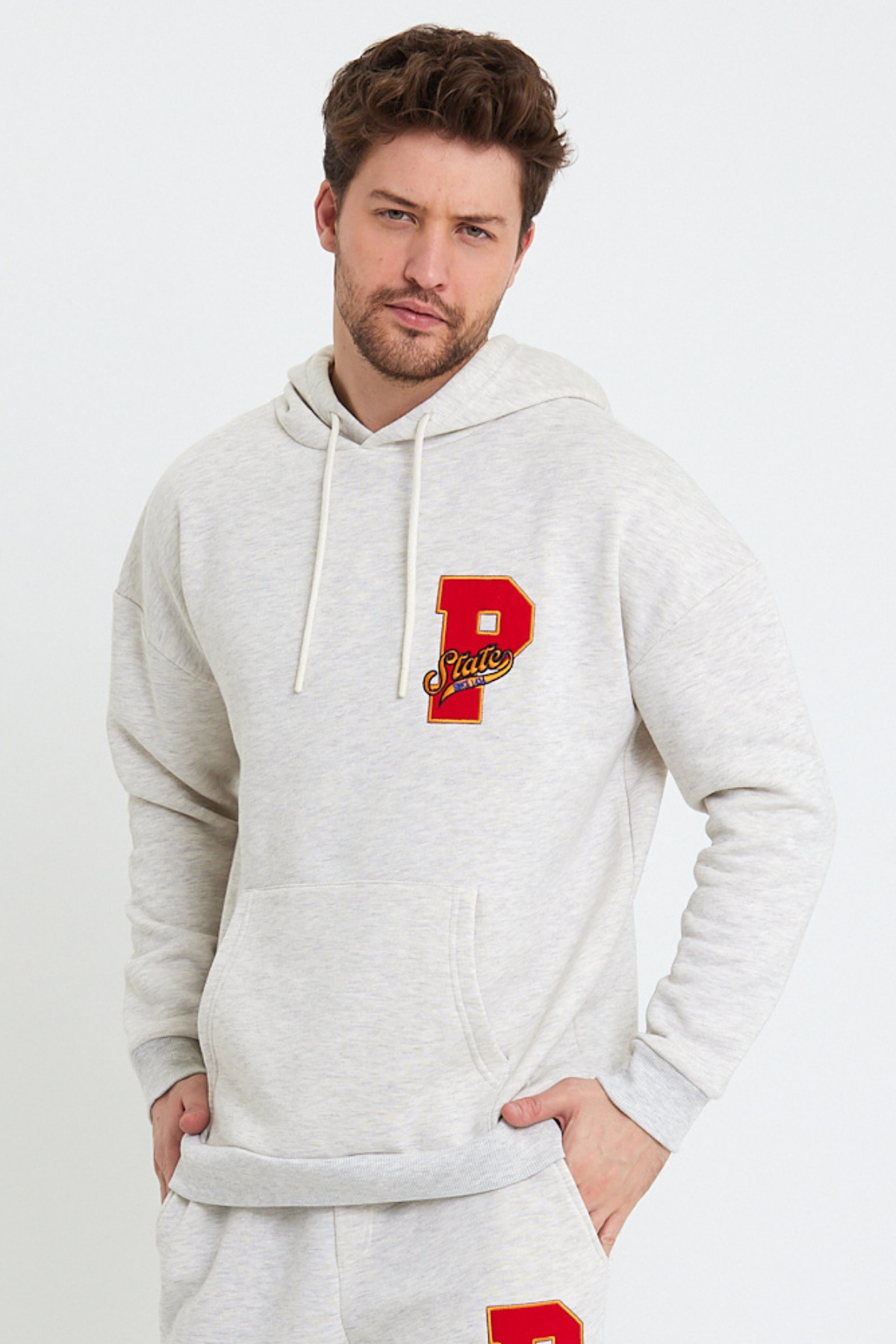 Erkek 3 İplik Pamuklu İçi Polarlı Oversize Nakışlı Kapüşonlu Kanguru Cepli Kar Melanj Sweatshirt