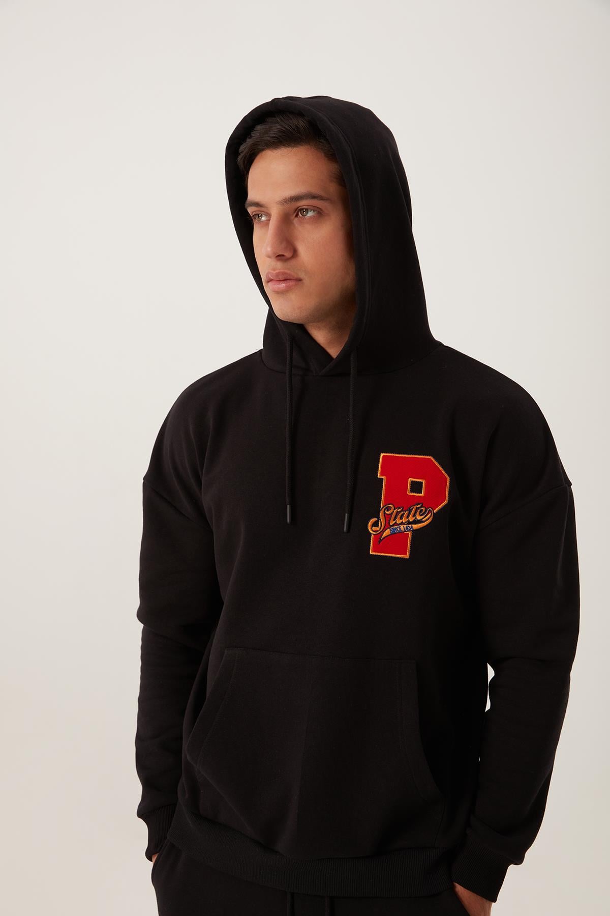 Erkek 3 İplik Pamuklu İçi Polarlı Oversize Nakışlı Kapüşonlu Kanguru Cepli Siyah Sweatshirt