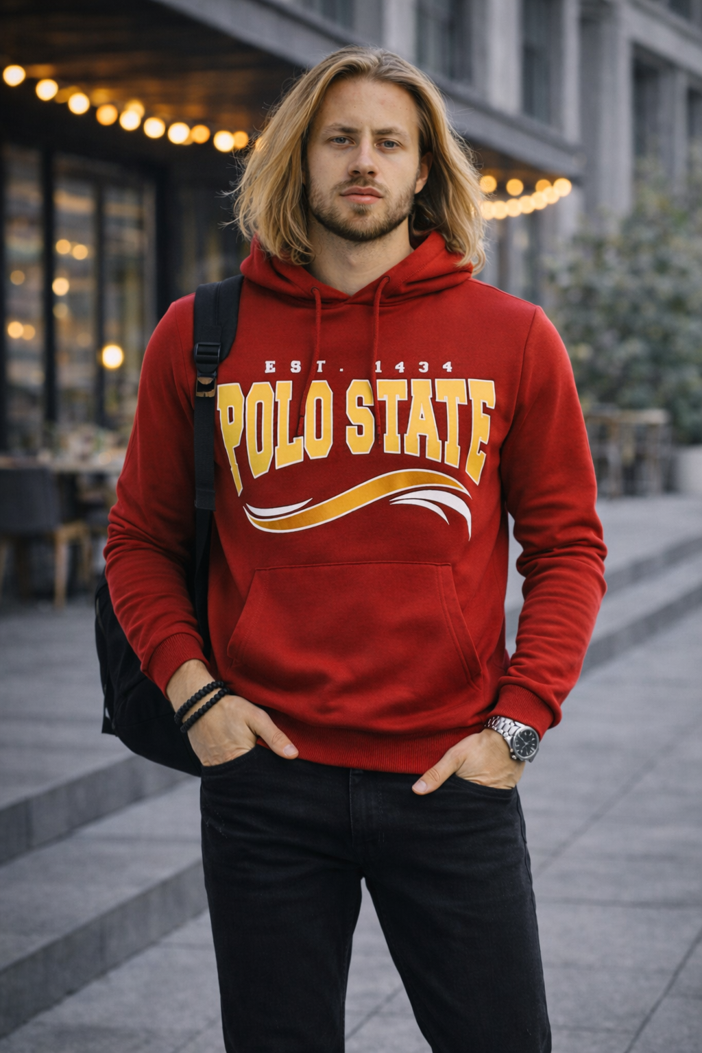 Erkek Kapüşonlu Baskılı Kanguru Cepli 3 İplik Şardonlu Kırmızı Sweatshirt