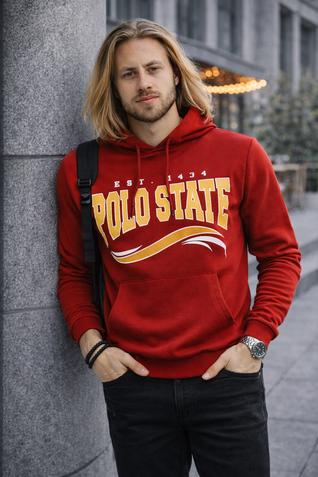 Erkek Kapüşonlu Baskılı Kanguru Cepli 3 İplik Şardonlu Kırmızı Sweatshirt