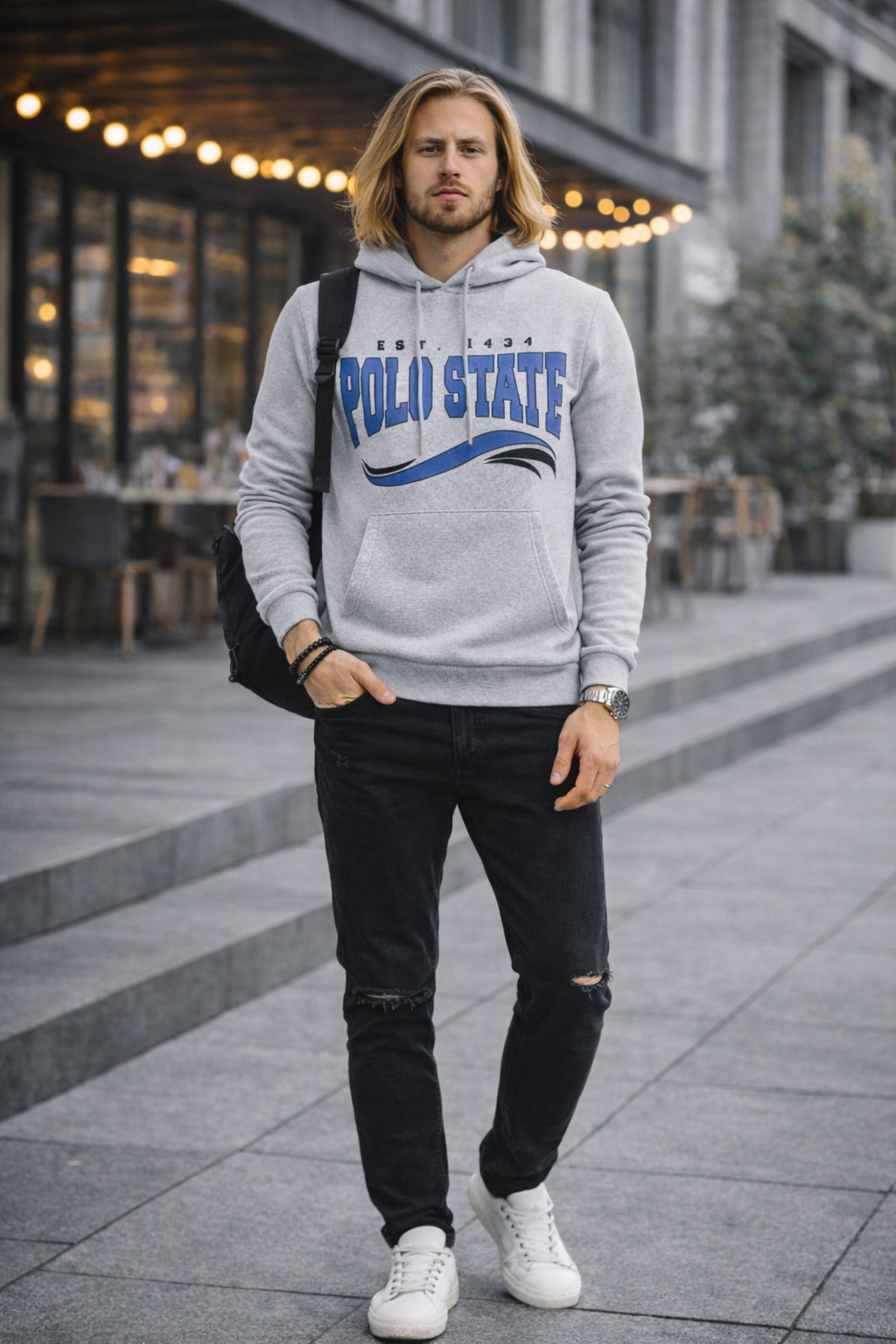 Erkek Kapüşonlu Baskılı Kanguru Cepli 3 İplik Şardonlu Gri Sweatshirt