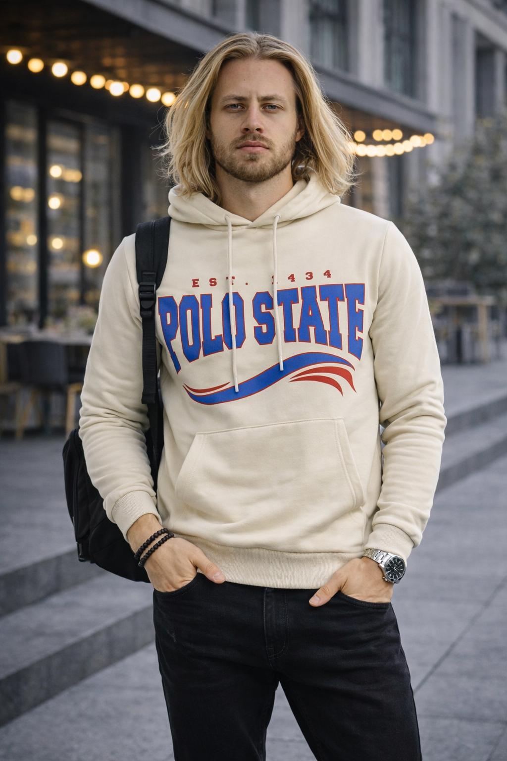 Erkek Kapüşonlu Baskılı Kanguru Cepli 3 İplik Şardonlu Krem Sweatshirt