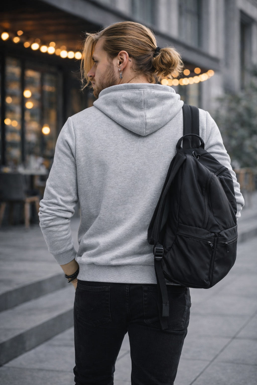 Erkek Kapüşonlu Baskılı Kanguru Cepli 3 İplik Şardonlu Gri Sweatshirt