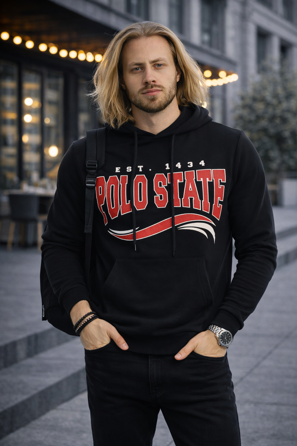 Erkek Kapüşonlu Baskılı Kanguru Cepli 3 İplik Şardonlu Siyah Sweatshirt