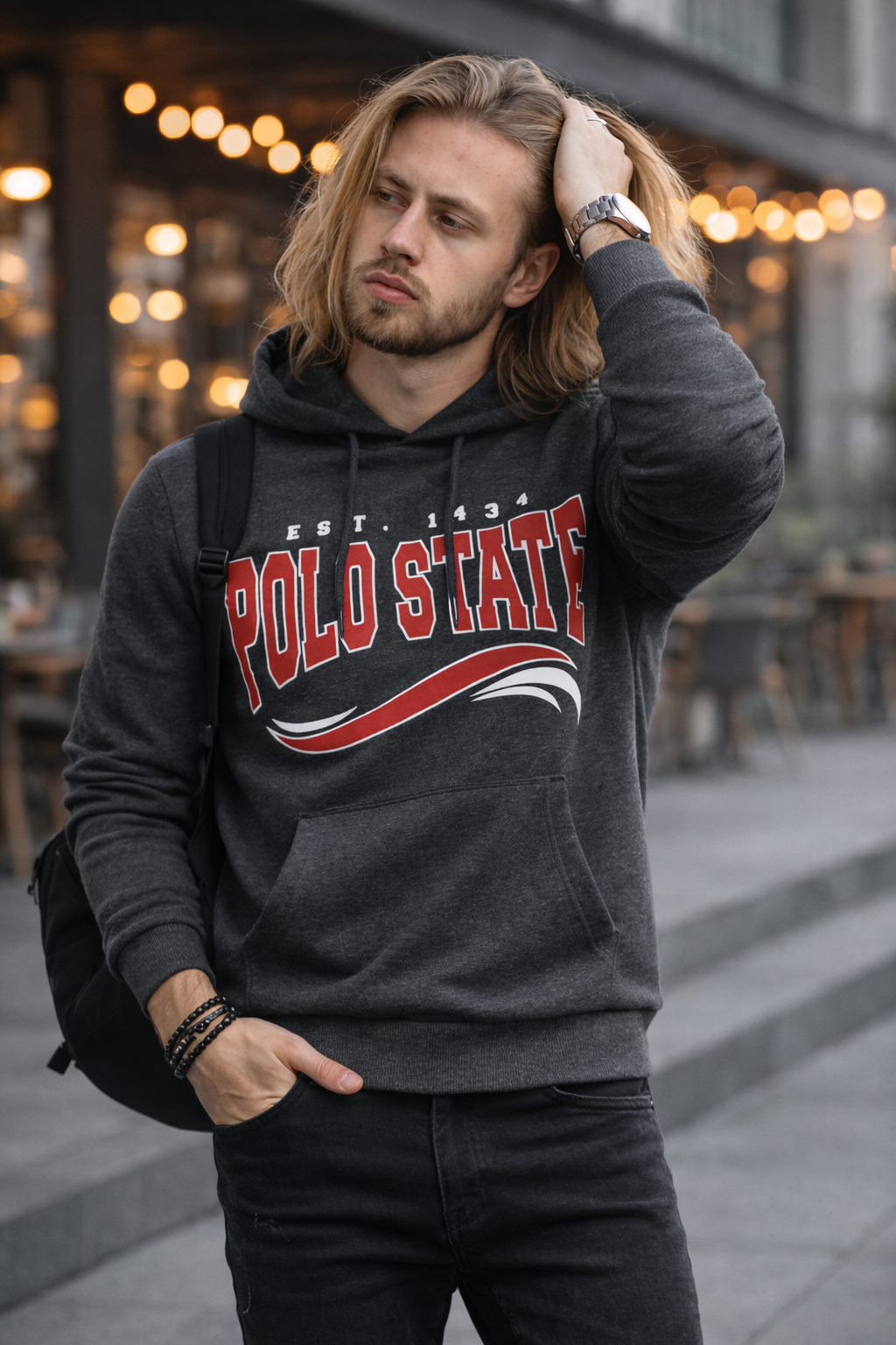 Erkek Kapüşonlu Baskılı Kanguru Cepli 3 İplik Şardonlu Antrasit Sweatshirt