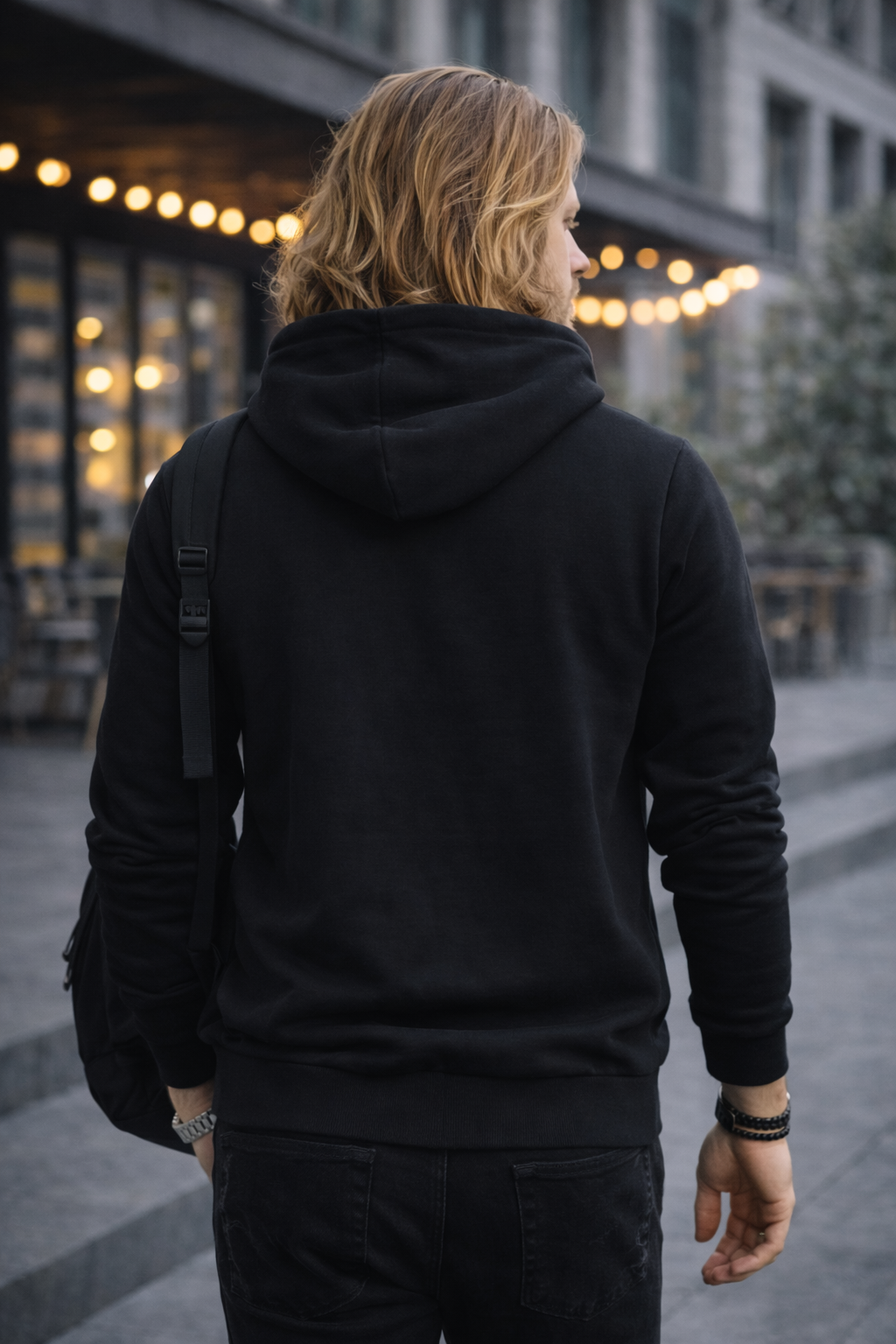 Erkek Kapüşonlu Baskılı Kanguru Cepli 3 İplik Şardonlu Siyah Sweatshirt