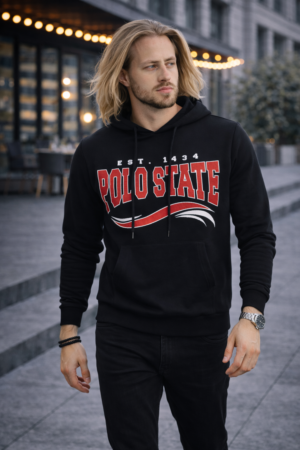 Erkek Kapüşonlu Baskılı Kanguru Cepli 3 İplik Şardonlu Siyah Sweatshirt