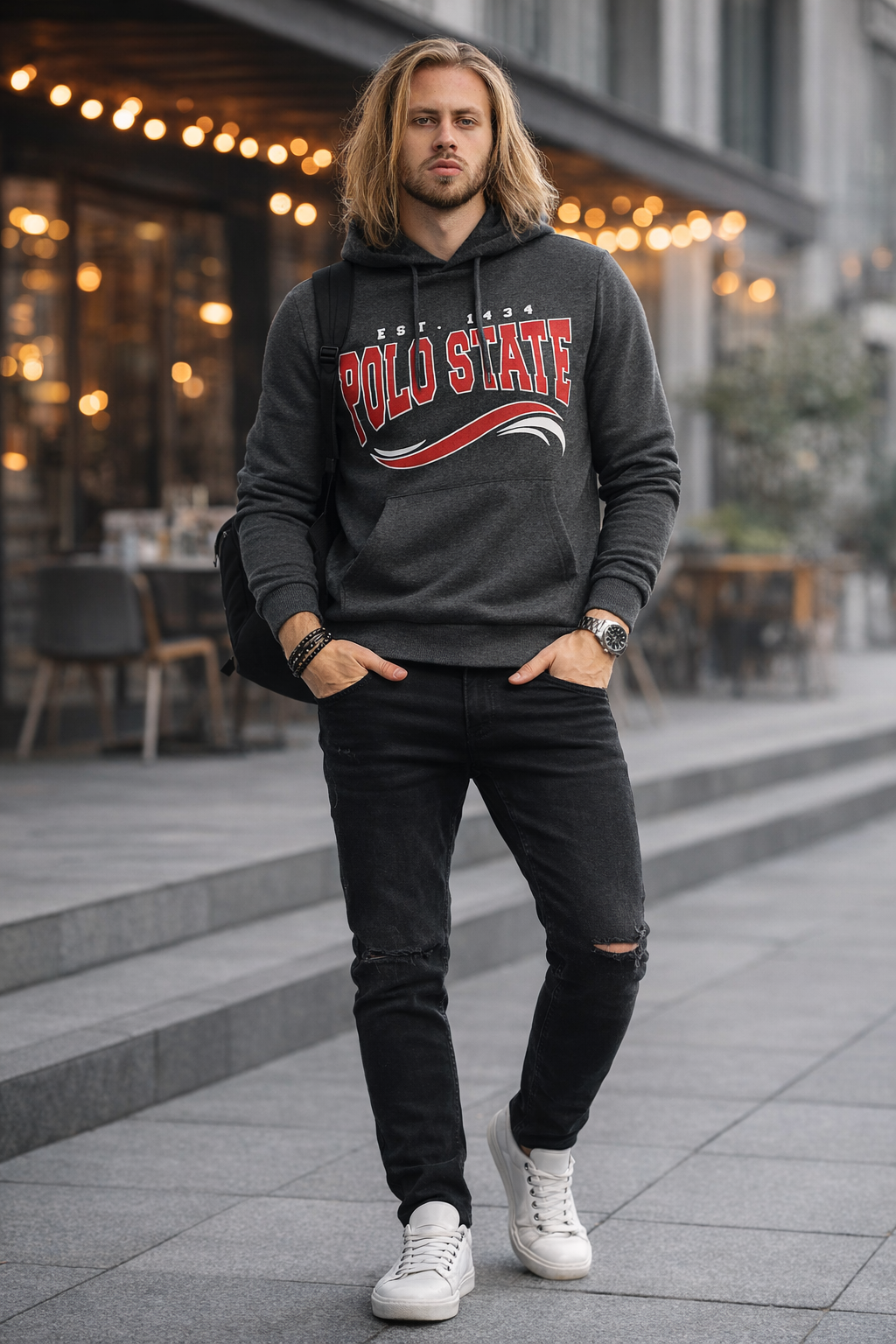 Erkek Kapüşonlu Baskılı Kanguru Cepli 3 İplik Şardonlu Antrasit Sweatshirt