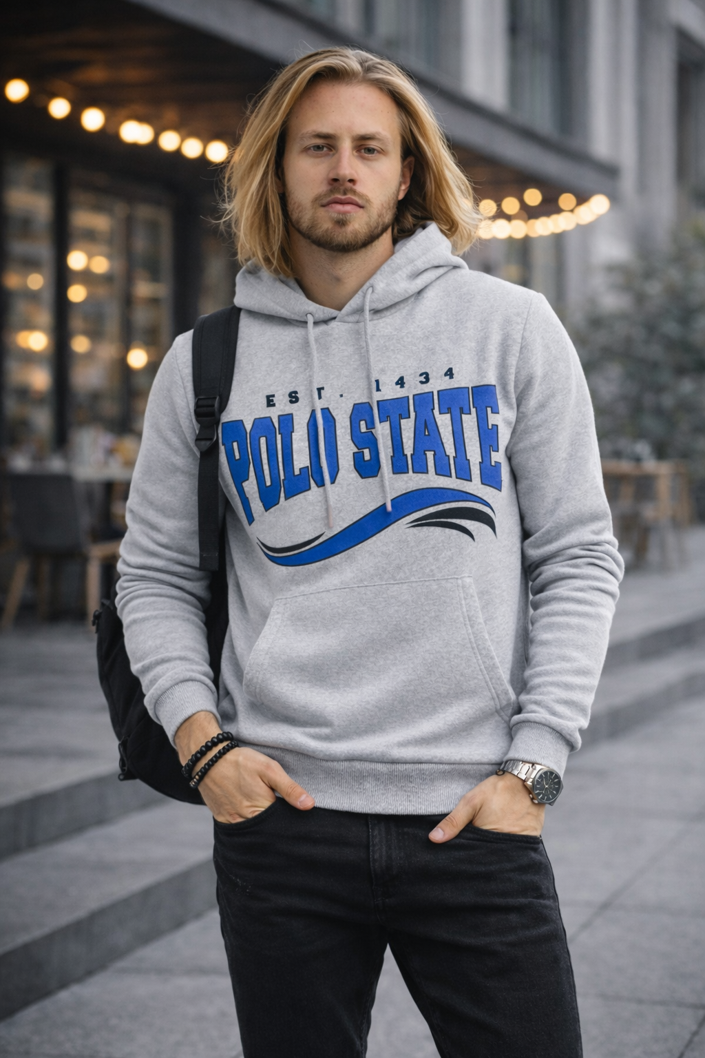 Erkek Kapüşonlu Baskılı Kanguru Cepli 3 İplik Şardonlu Gri Sweatshirt