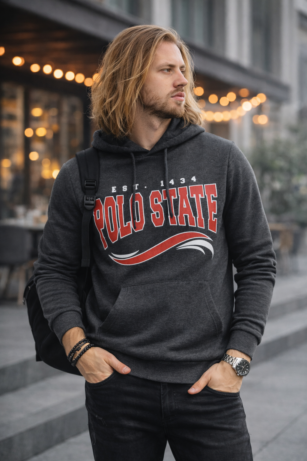 Erkek Kapüşonlu Baskılı Kanguru Cepli 3 İplik Şardonlu Antrasit Sweatshirt