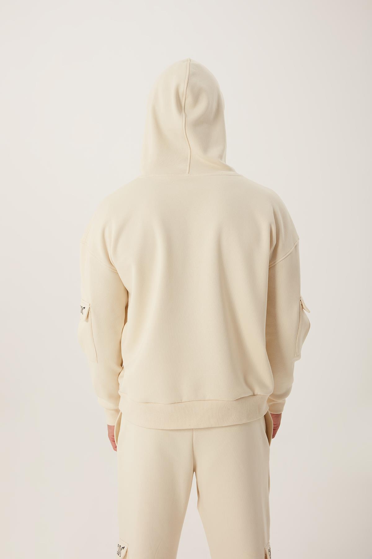 Erkek Kapüşonlu Kanguru Cepli Sweatshirt Ekru