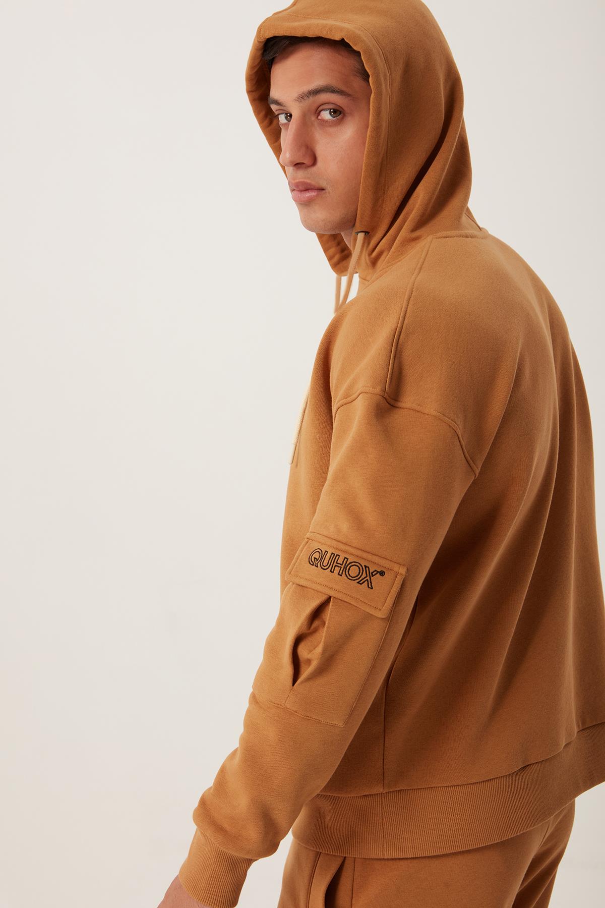 Erkek Kapüşonlu Kanguru Cepli Sweatshirt Kahverengi