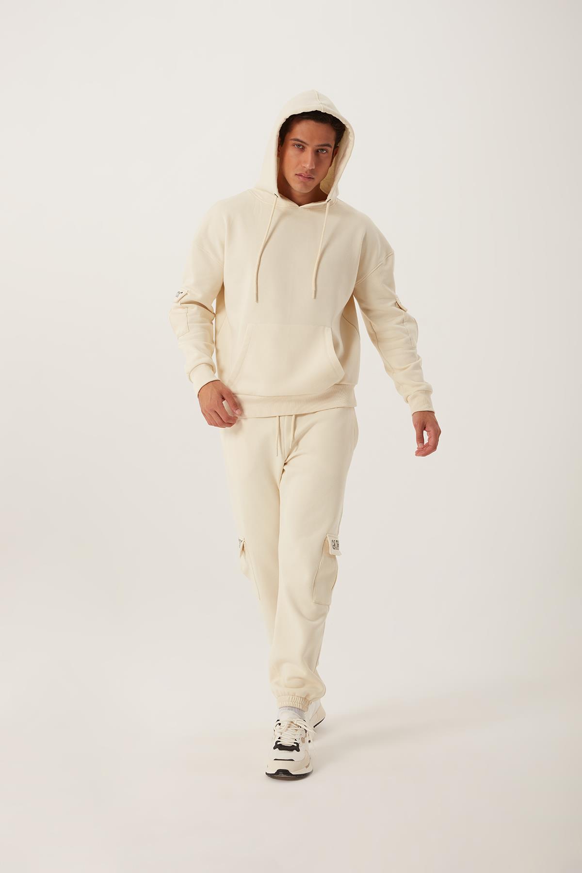 Erkek Kapüşonlu Kanguru Cepli Sweatshirt Ekru