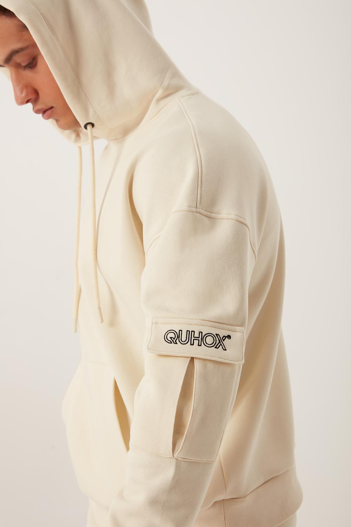 Erkek Kapüşonlu Kanguru Cepli Sweatshirt Ekru