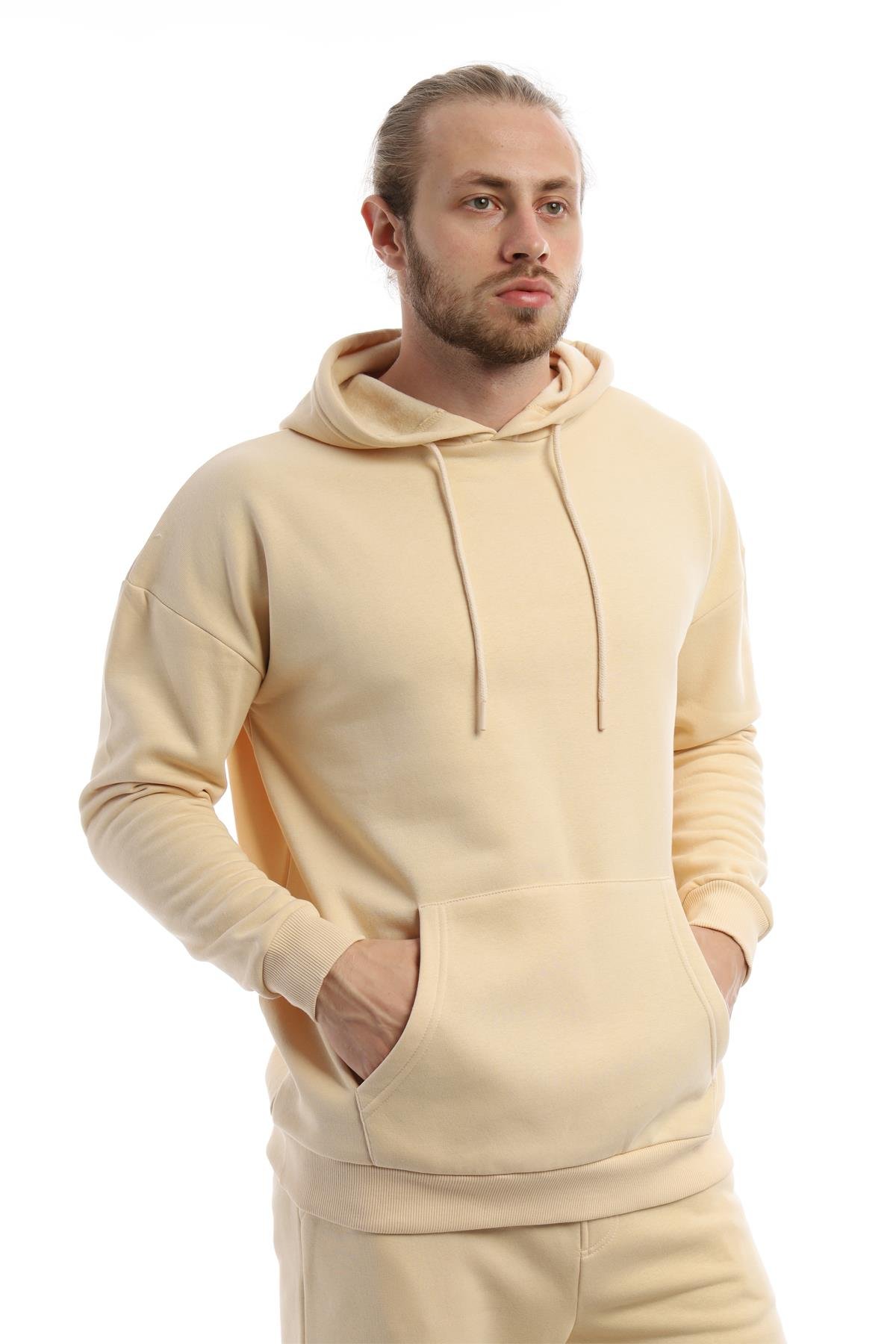 Erkek 3 İplik Pamuklu İçi Polarlı Oversize Kapüşonlu Kanguru Cepli Krem Sweatshirt Erkek 3 İplik Pamuklu İçi Polarlı Oversize Kapüşonlu Kanguru Cepli Krem Sweatshirt