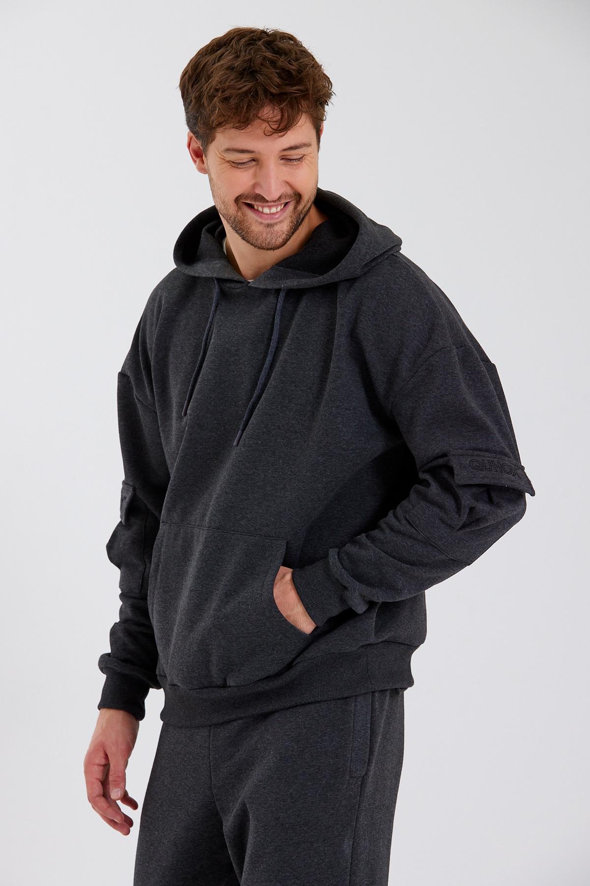 Erkek Kapüşonlu Kanguru Cepli Sweatshirt Antrasit