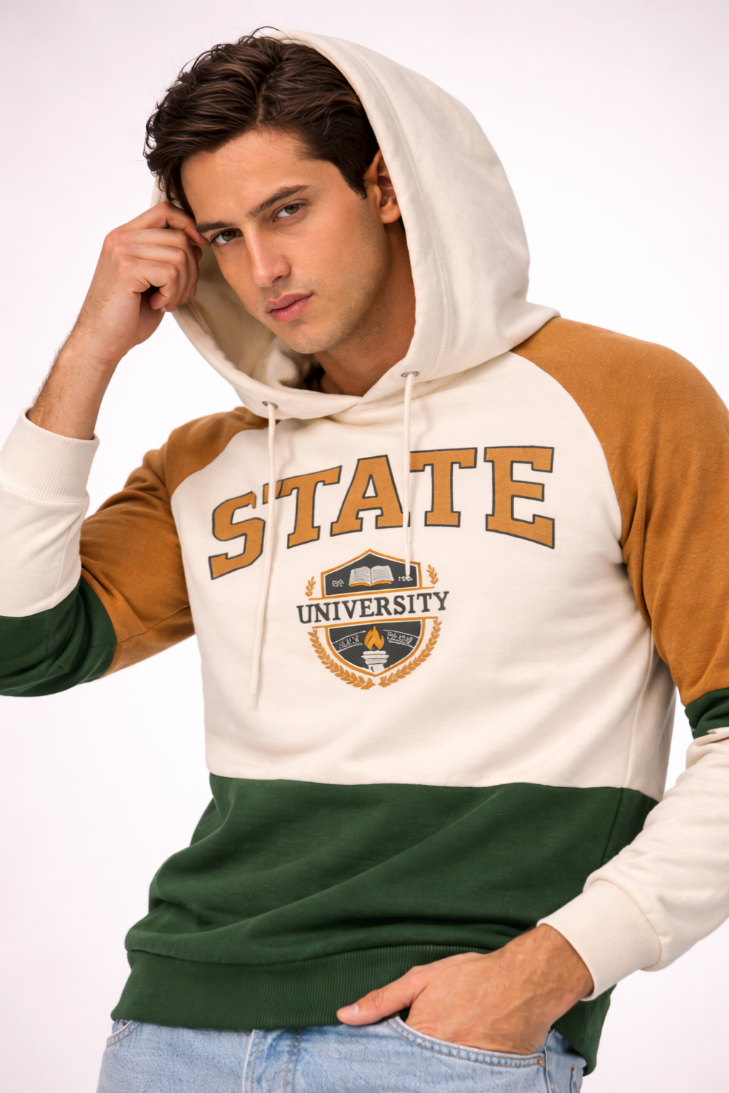 Erkek Kapüşonlu Renk Bloklu Baskılı Sweatshirt – Pamuklu Oversize Hoodie