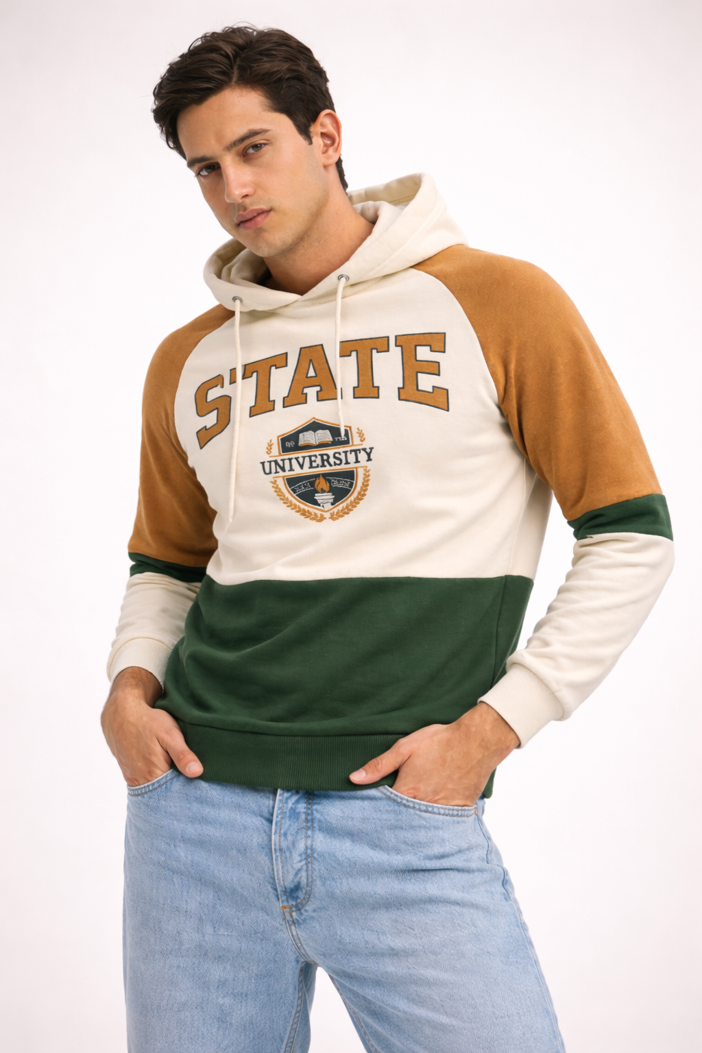 Erkek Kapüşonlu Renk Bloklu Baskılı Sweatshirt – Pamuklu Oversize Hoodie