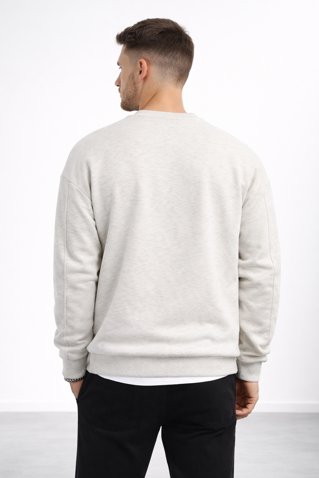Erkek Kar Melanj 3 İplik Şardonlu Kalın Basic Bisiklet Yaka Oversize Sweatshirt