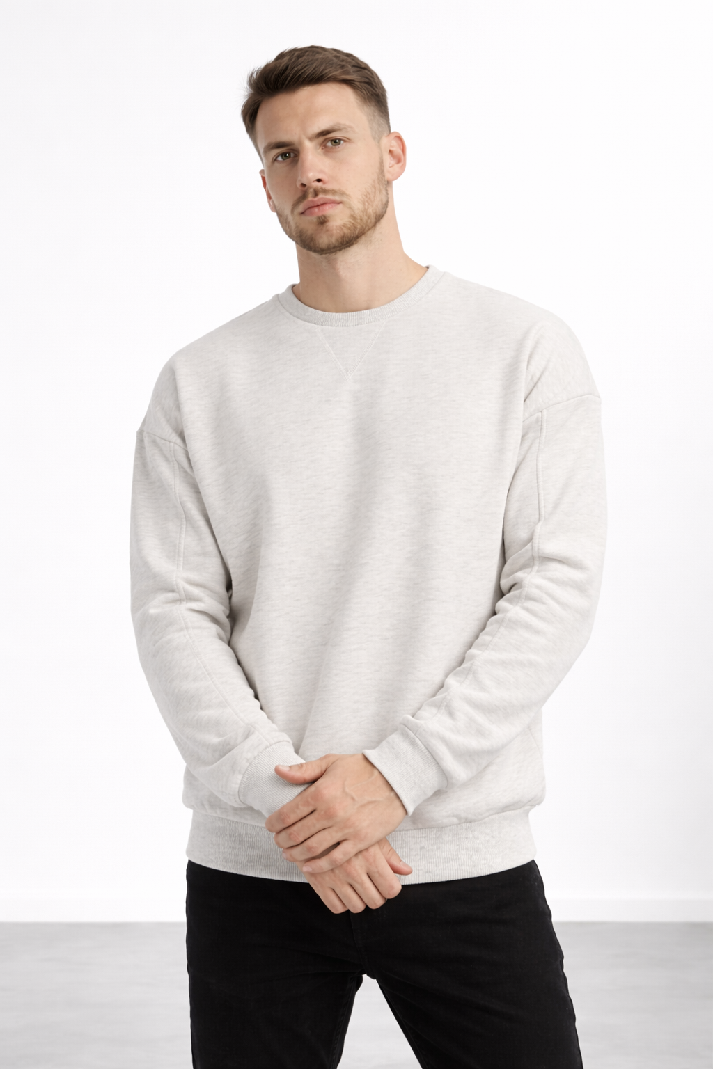 Erkek Kar Melanj 3 İplik Şardonlu Kalın Basic Bisiklet Yaka Oversize Sweatshirt