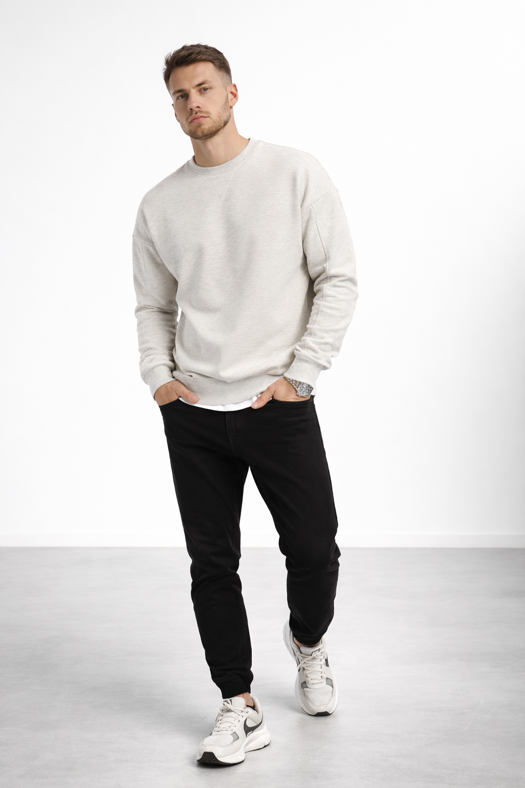 Erkek Kar Melanj 3 İplik Şardonlu Kalın Basic Bisiklet Yaka Oversize Sweatshirt