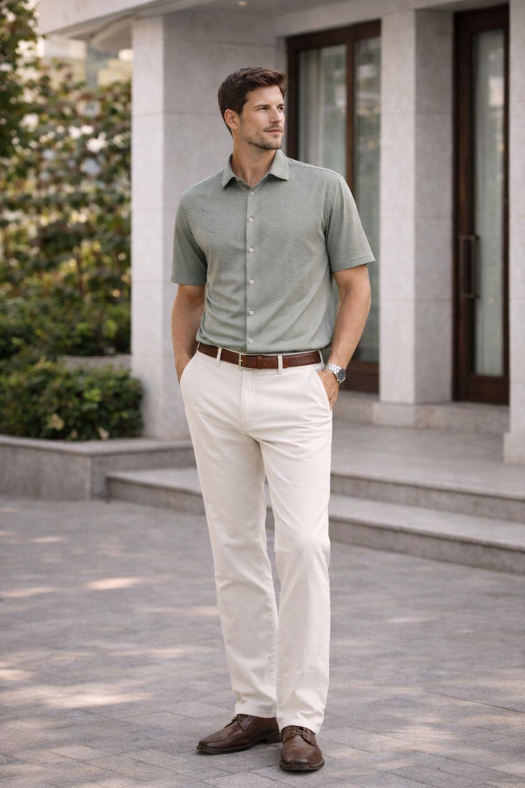 Erkek Kısa Kollu Kendinden Desenli Dokulu Slim Fit Gömlek Yeşil