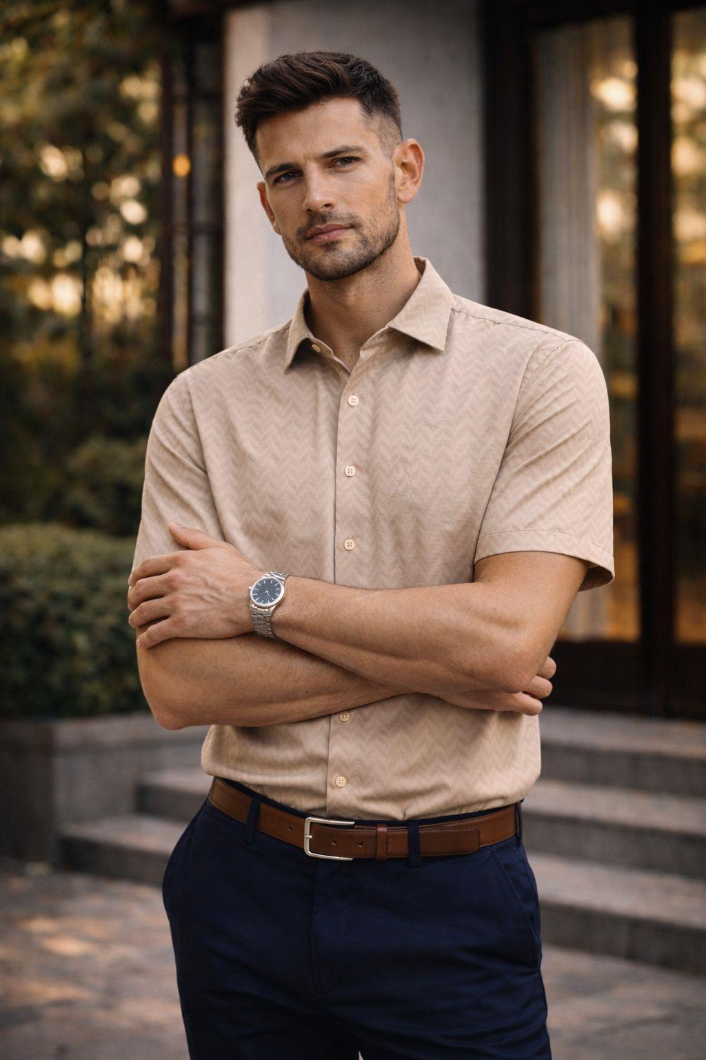 Erkek Kısa Kollu Kendinden Desenli Dokulu Slim Fit Gömlek Bej