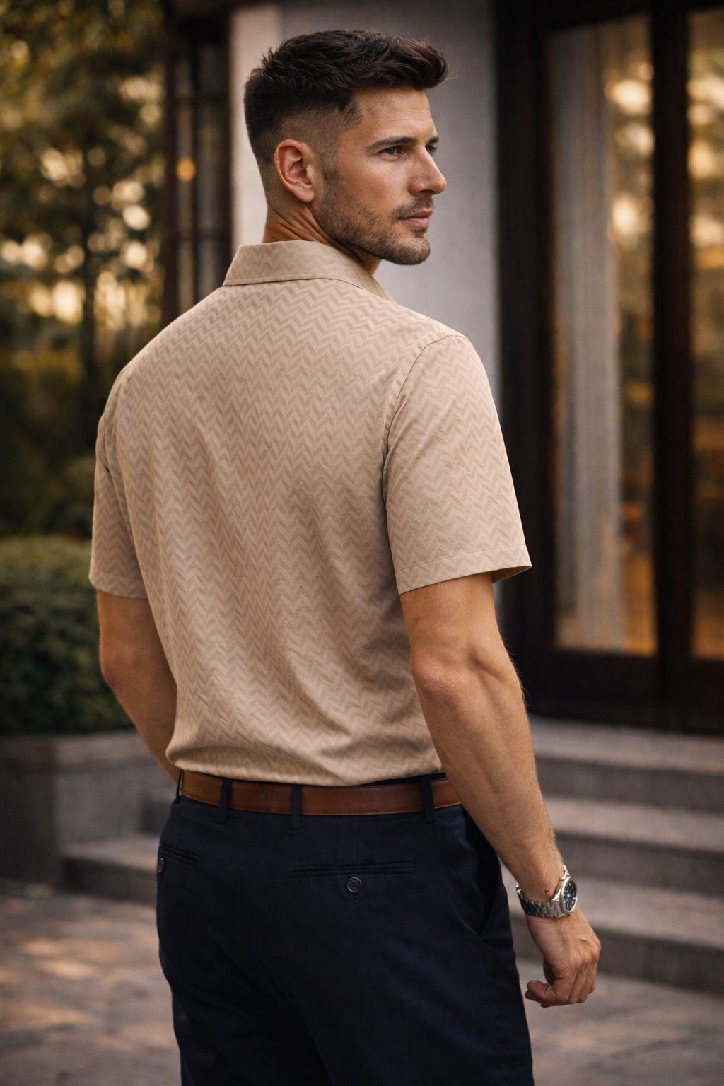 Erkek Kısa Kollu Kendinden Desenli Dokulu Slim Fit Gömlek Bej