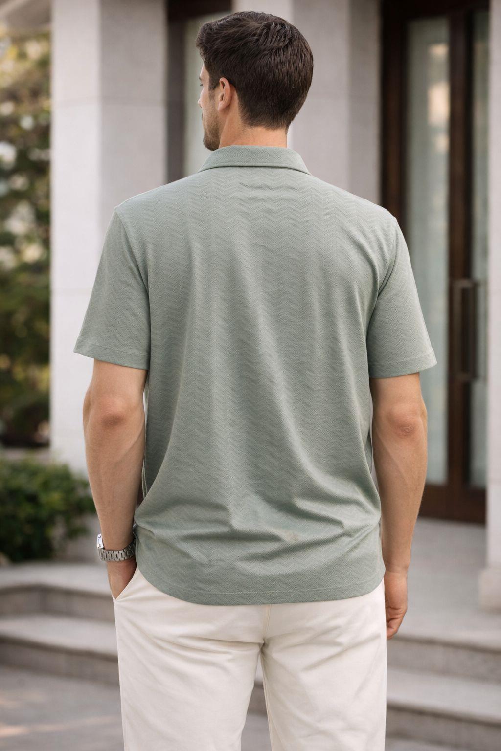 Erkek Kısa Kollu Kendinden Desenli Dokulu Slim Fit Gömlek Yeşil