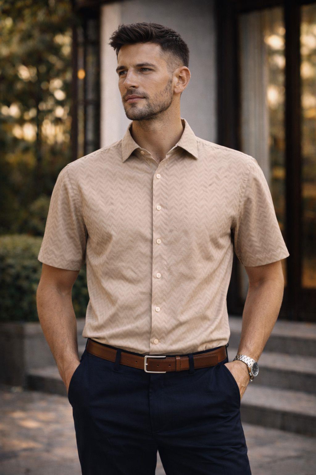 Erkek Kısa Kollu Kendinden Desenli Dokulu Slim Fit Gömlek Bej