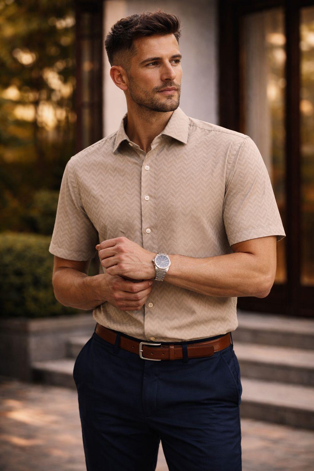 Erkek Kısa Kollu Kendinden Desenli Dokulu Slim Fit Gömlek Bej